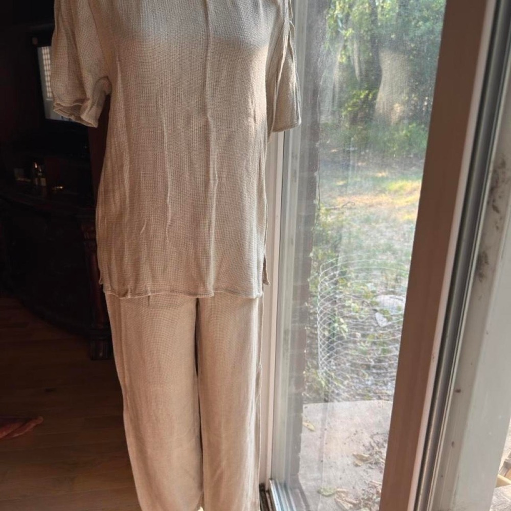 Vintage Cream linen pants and top matching set retro lagenlook boho capsule M